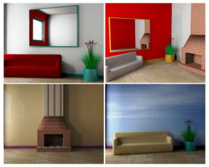 Four different pictures of a virtual house. A red couch, stone fireplace, a grey couch, and a tan couch